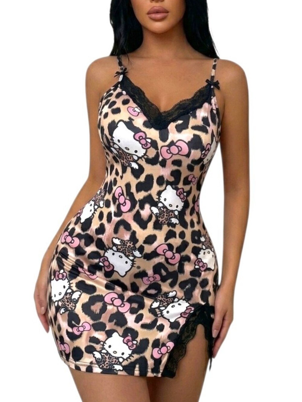HELLO KITTY Leopard Print Nightgown - MEDIUM Pink & Black Pajamas Chemise